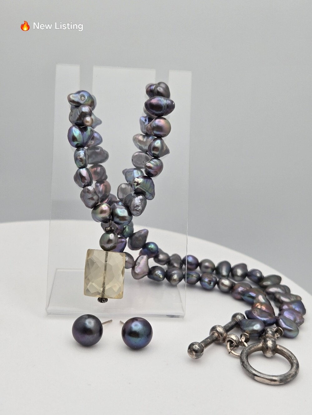 Black Peacock Keshi Baroque Pearl Necklace & Earrings Set 18" Sterling Silver